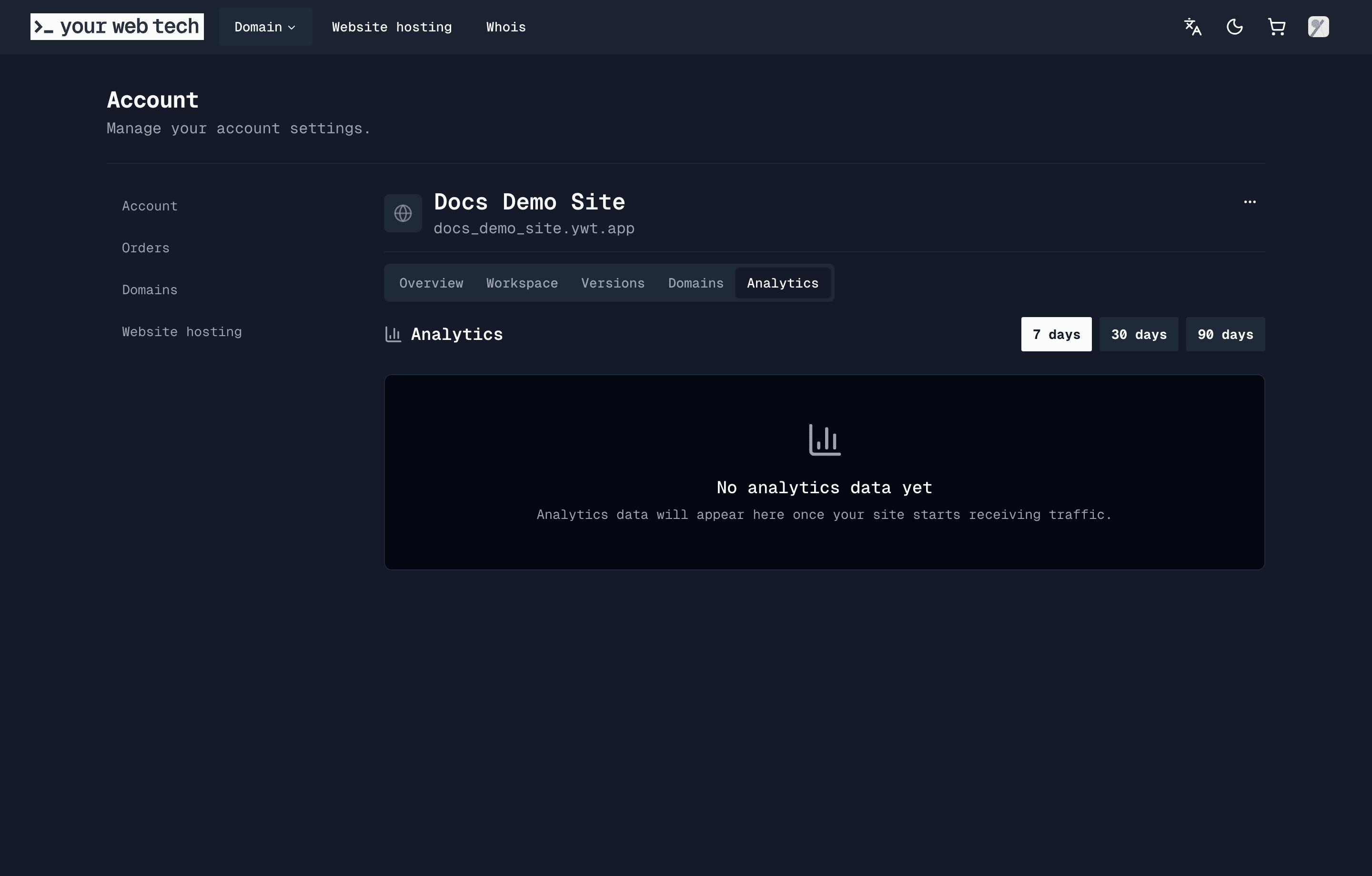 The Analytics tab for a demo hosting site showing the 7, 30, and 90 day period controls and the no-data state before traffic is recorded