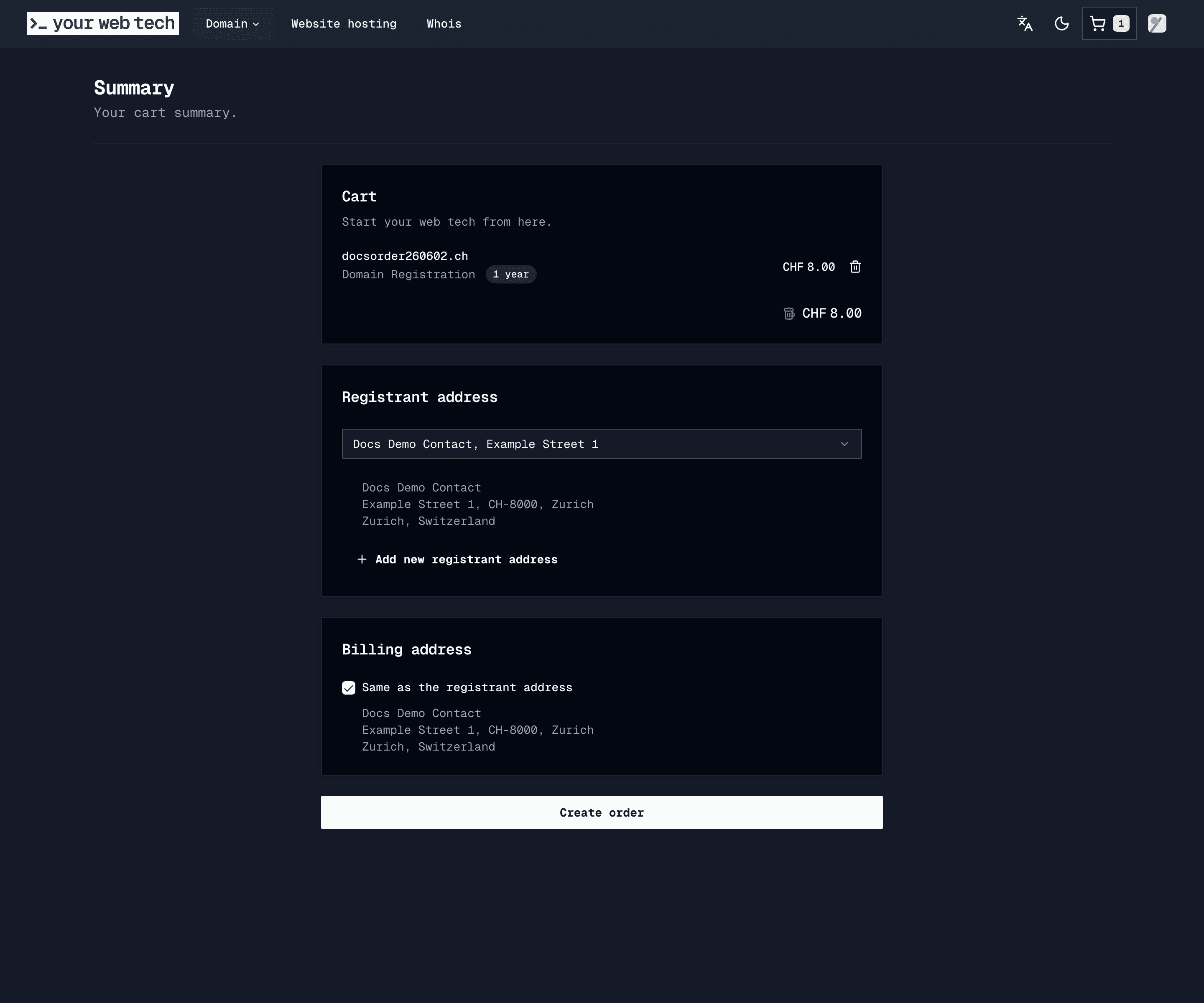 Checkout summary showing a demo domain registration, registrant address, billing address, and Create order button