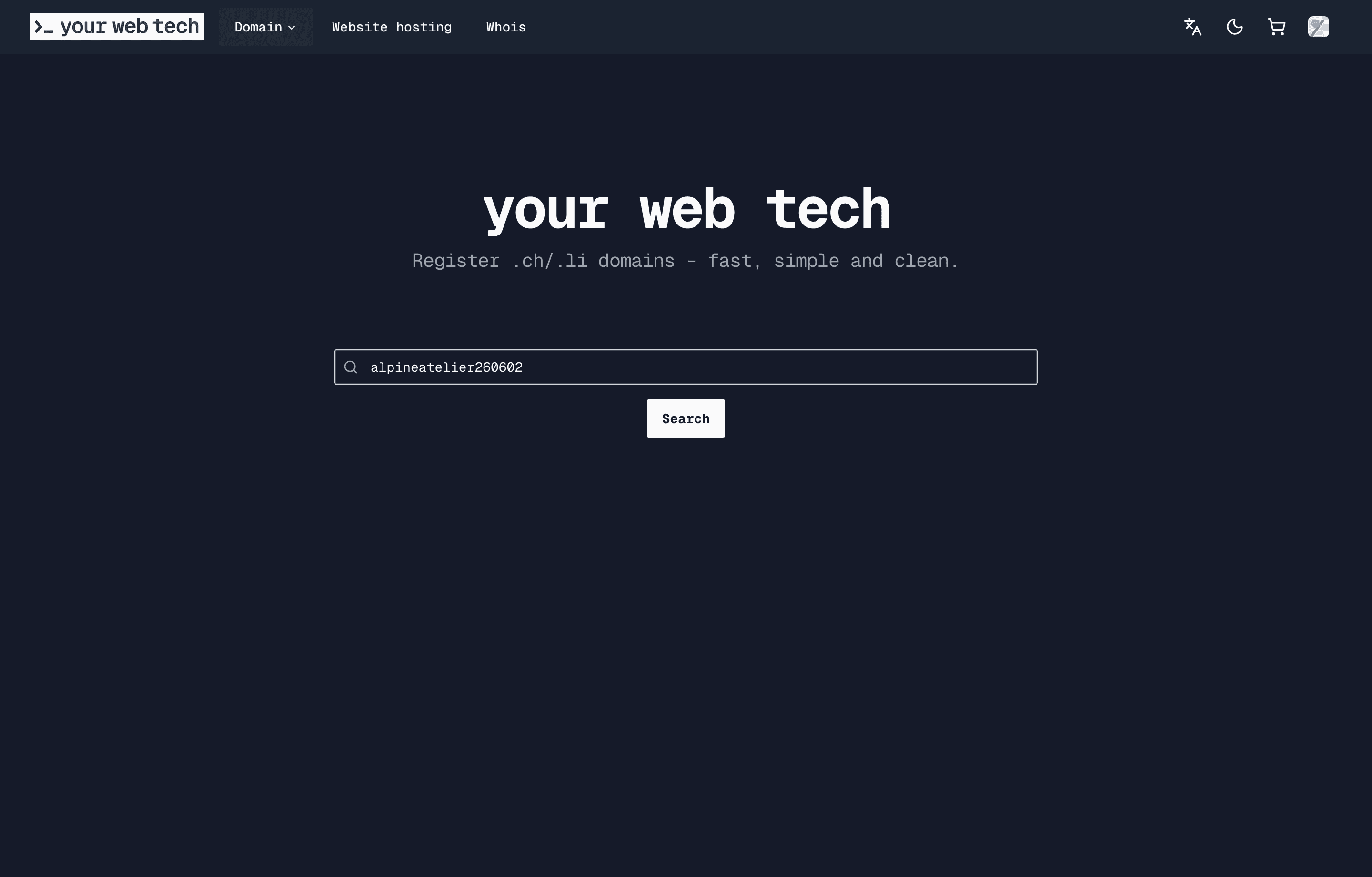 The ywt.ch homepage with the domain search bar