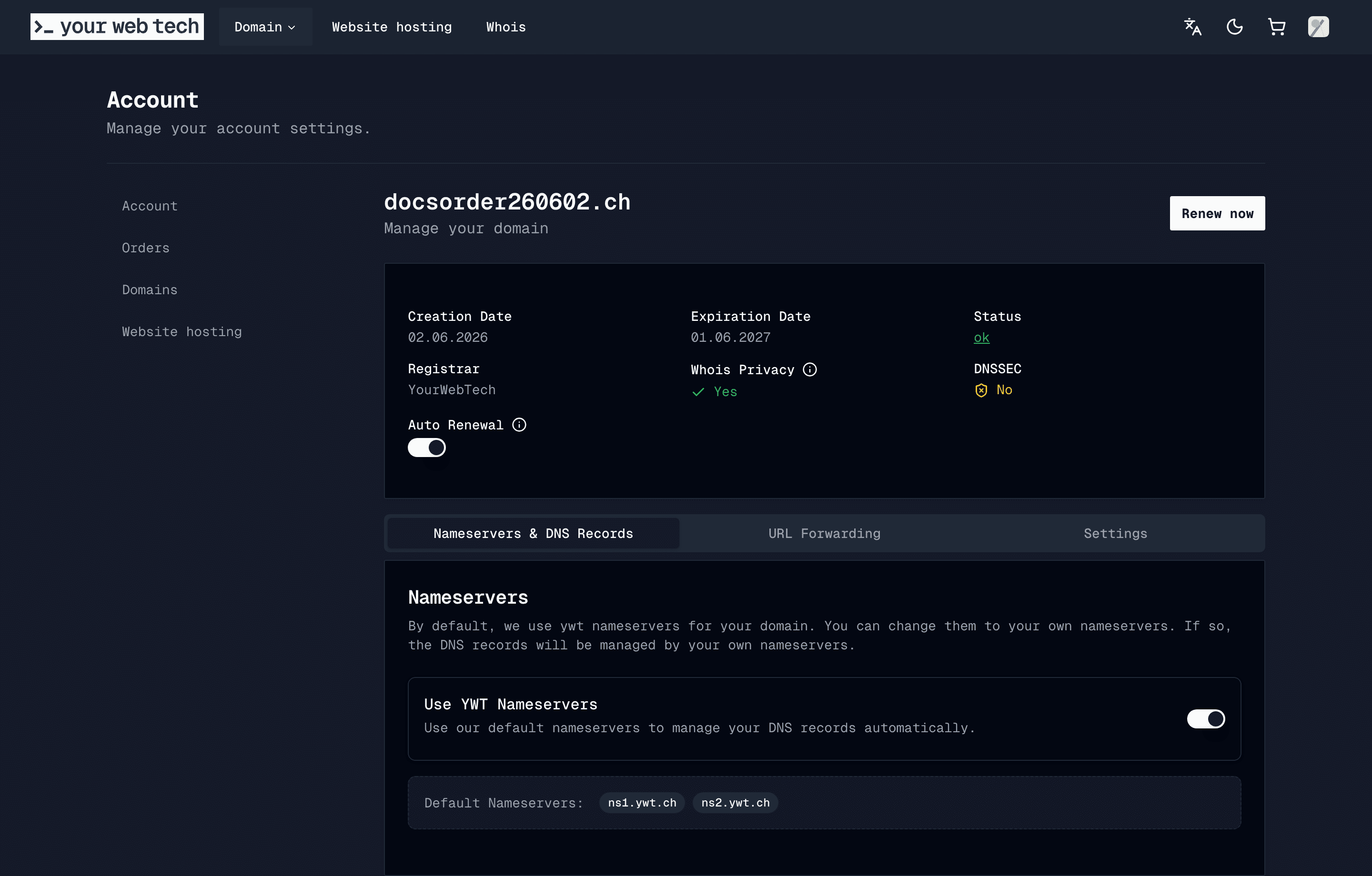 The domain detail page showing expiration status, the Renew now button, and the auto-renew toggle for a demo domain