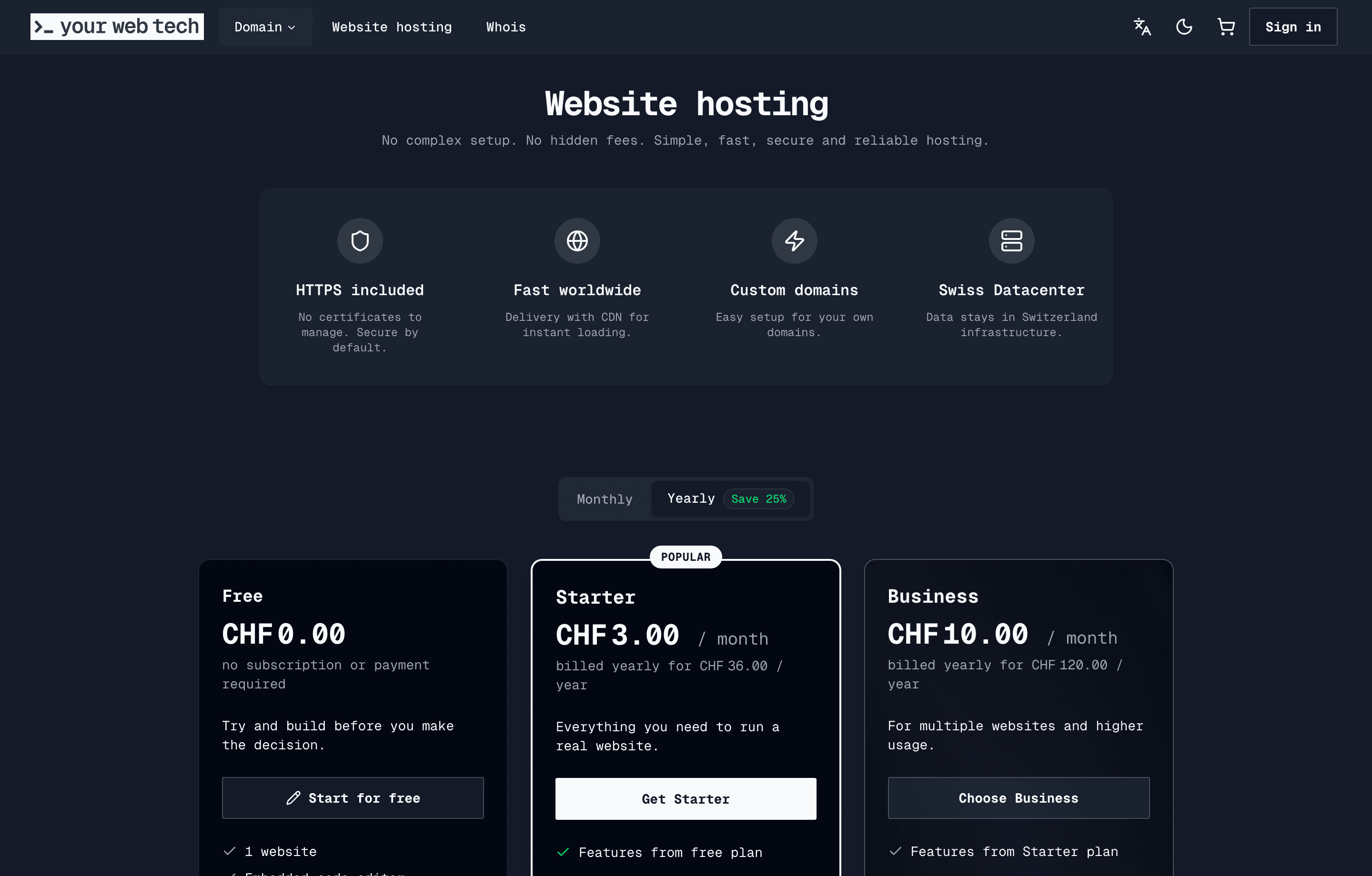 The YWT website hosting pricing page showing Free, Starter, and Business plans with the yearly billing interval selected