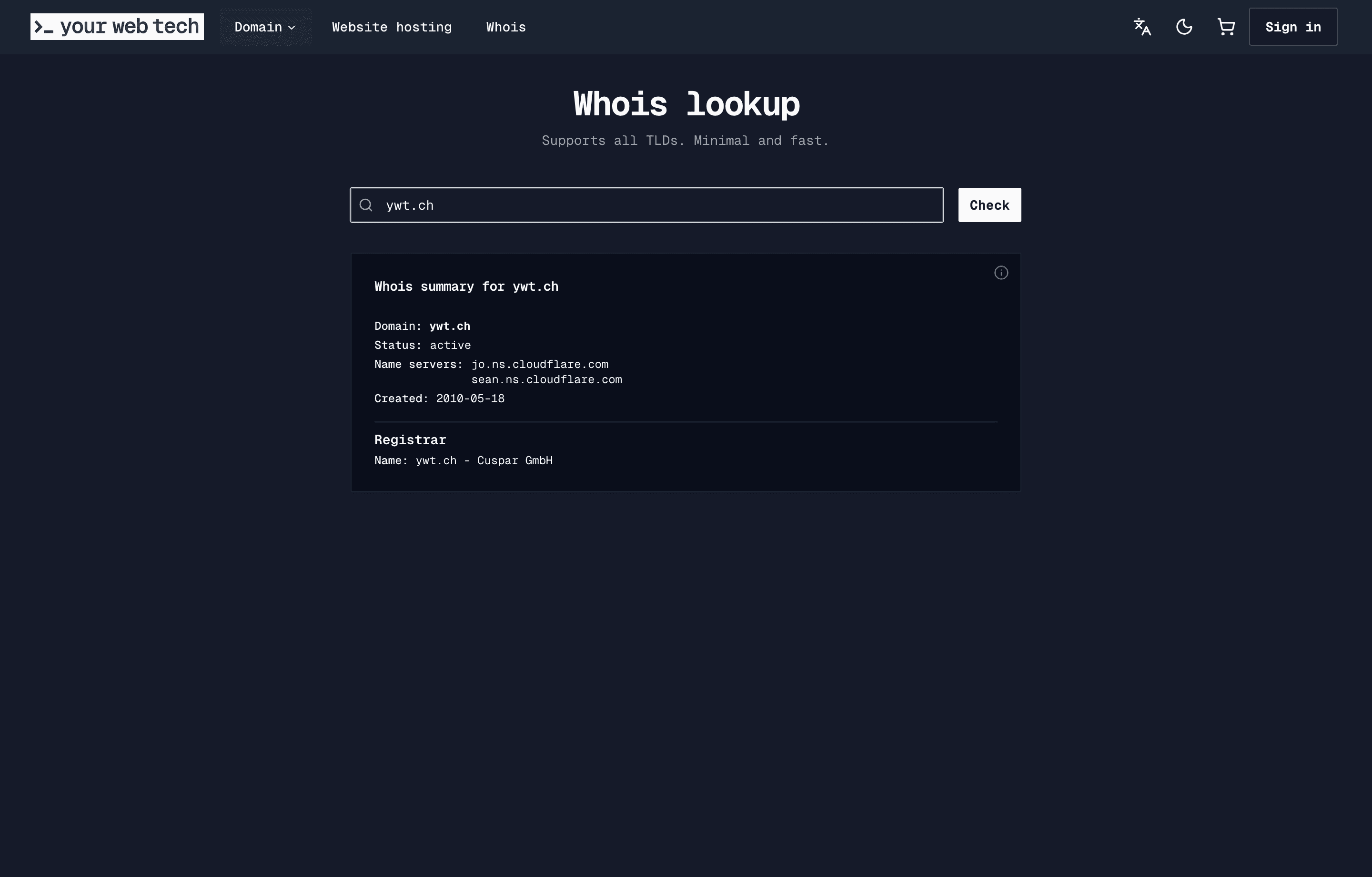 WHOIS lookup results showing the summary, status, nameservers, and registrar data for ywt.ch