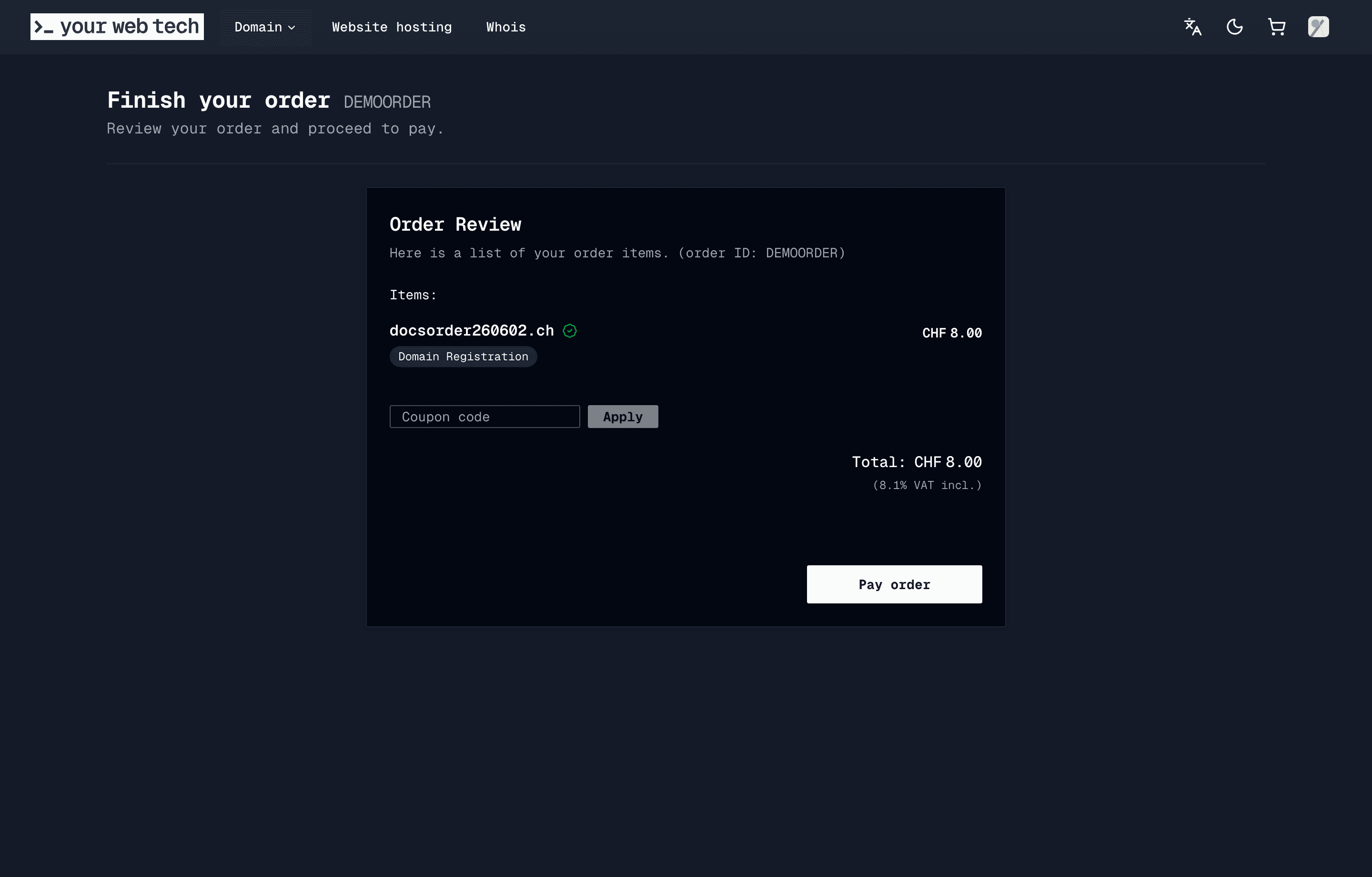 Order review page showing a demo domain registration order ready for payment