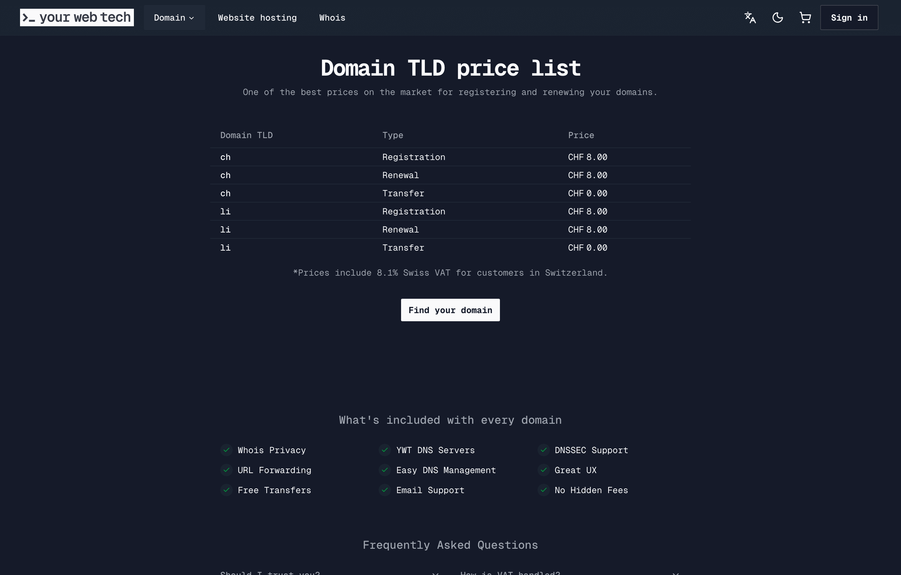 The YWT domain pricing page showing live .ch and .li prices