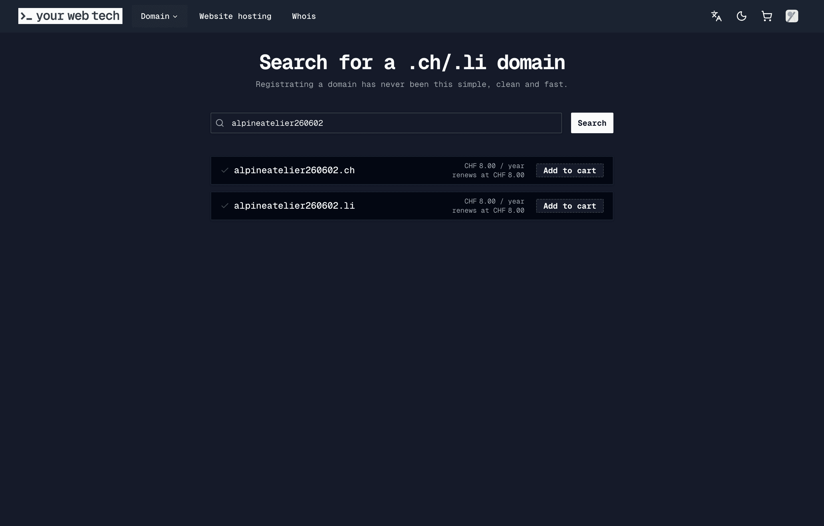 Search results showing domain availability and pricing for .ch and .li
