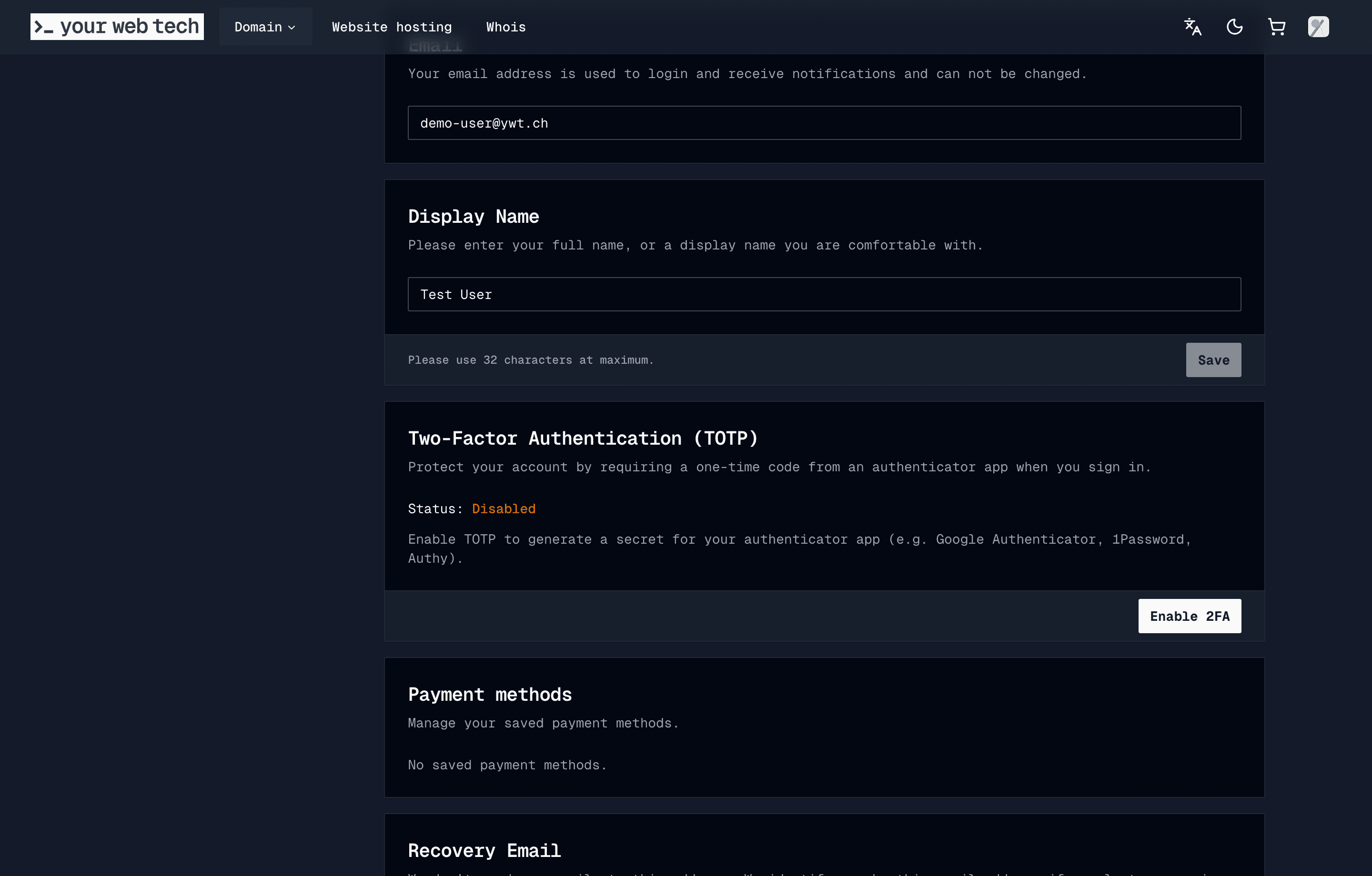 YWT two-factor authentication settings
