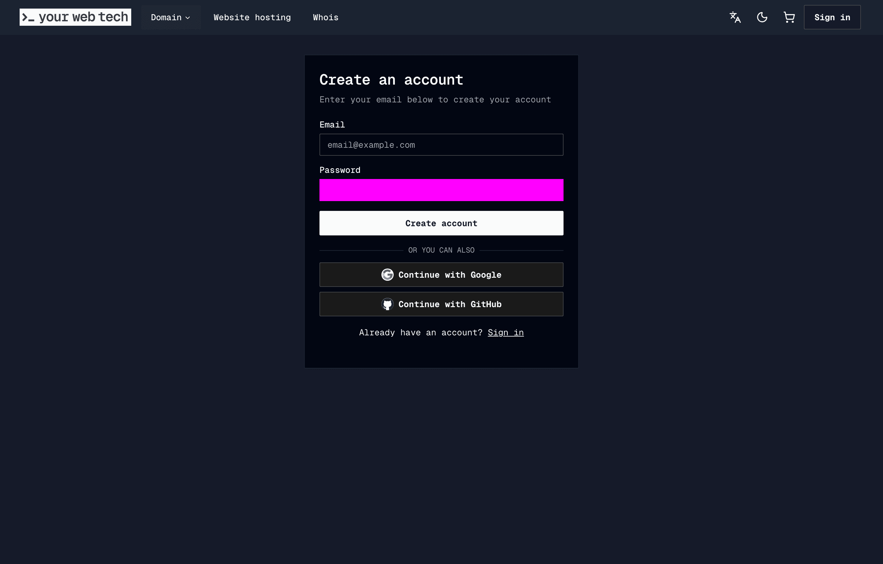 The YourWebTech sign-up page showing the email/password fields and social login buttons