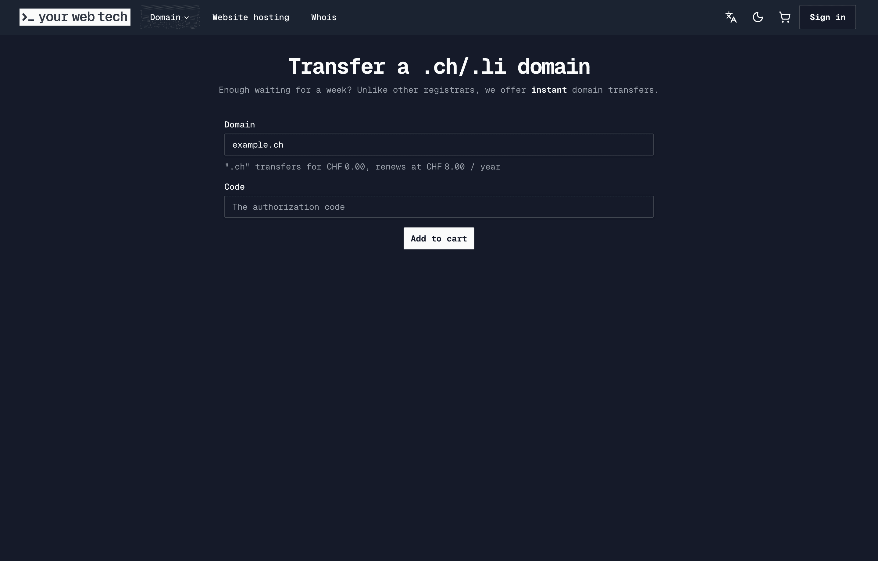 The YWT domain transfer form with domain and authorization code fields