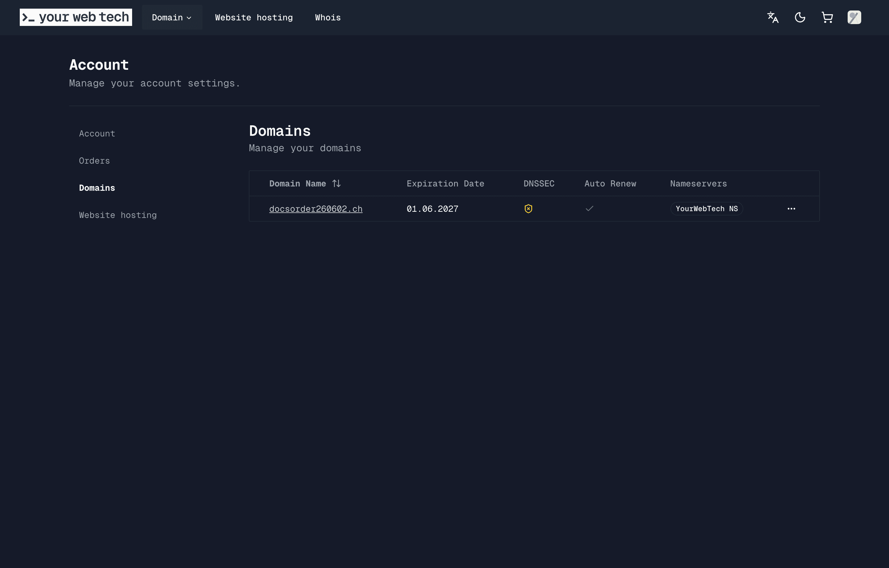 The account domains list showing a registered demo .ch domain, expiration date, auto-renew state, DNSSEC state, and YWT nameservers