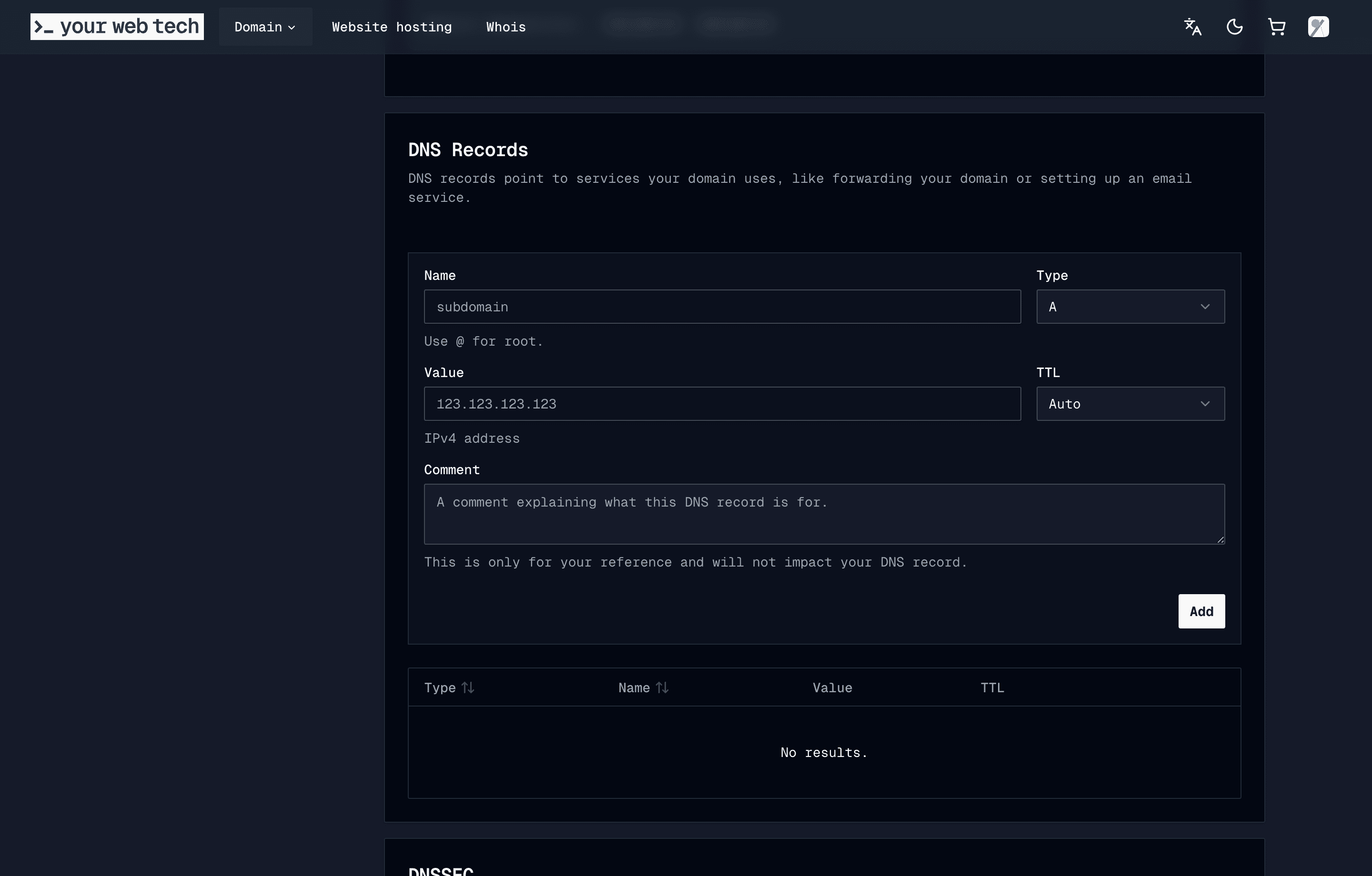 The DNS records form for adding an A record to a demo domain