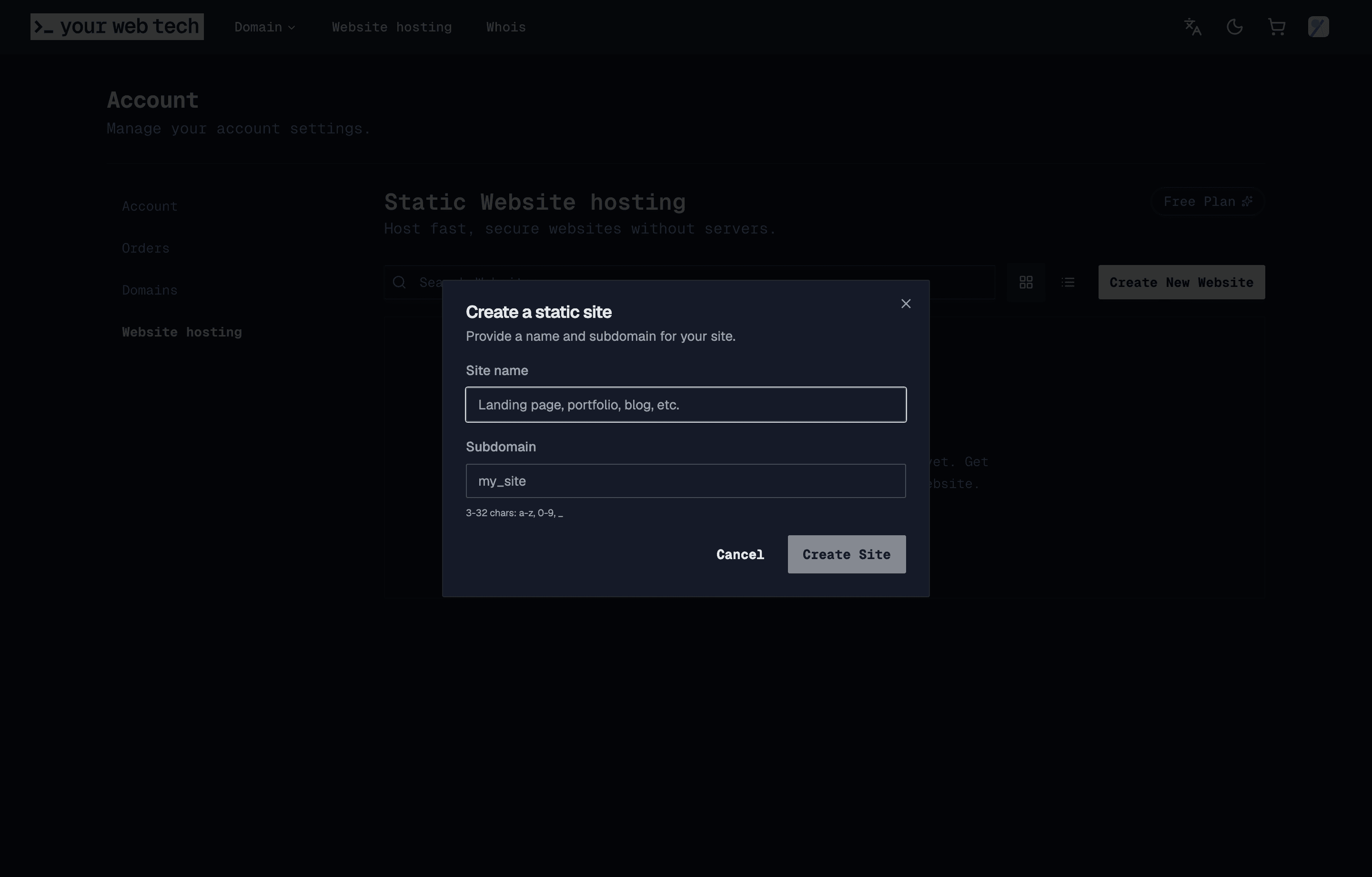 The create-site dialog showing the name and subdomain fields