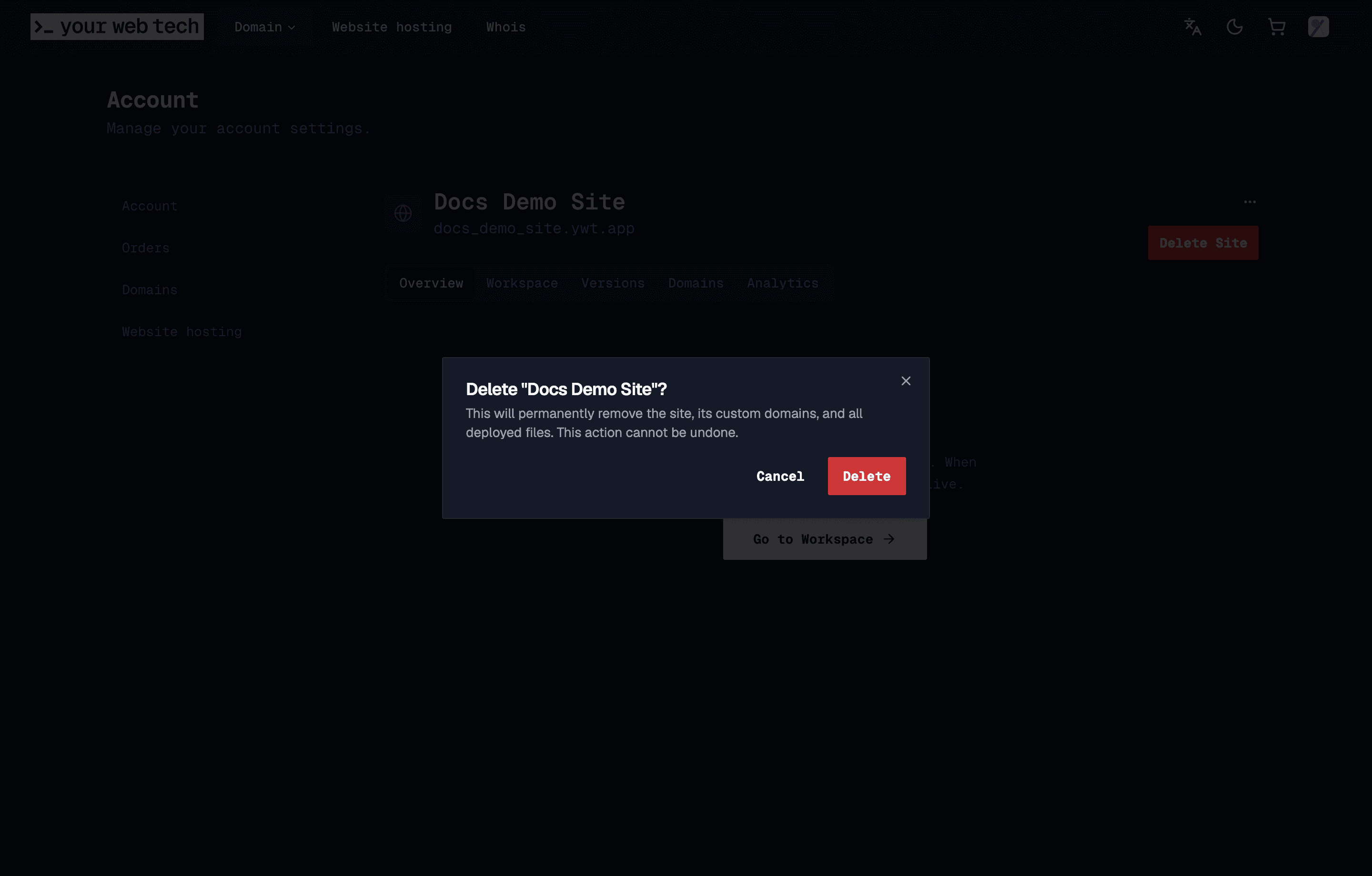 The Delete Site confirmation dialog for a demo hosting site, showing the permanent deletion warning and Cancel/Delete actions