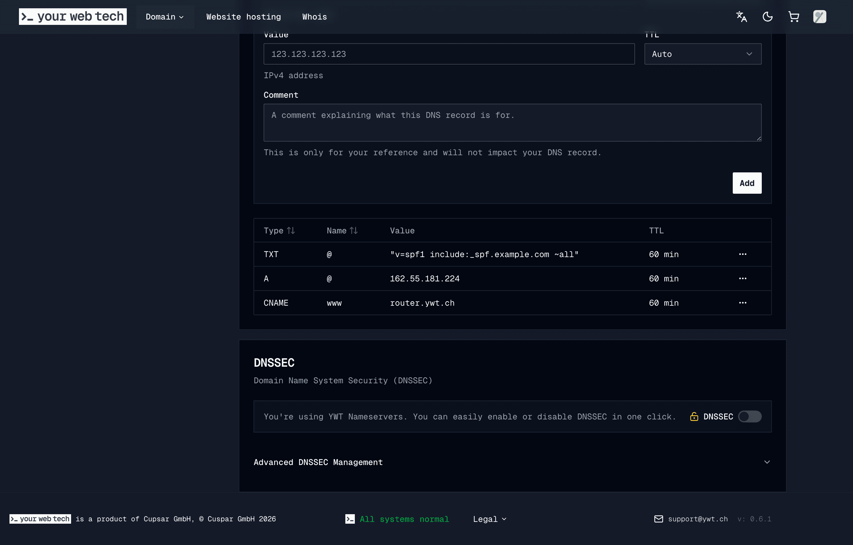 The domain DNS management panel with YWT nameservers, DNS record controls, and DNSSEC settings
