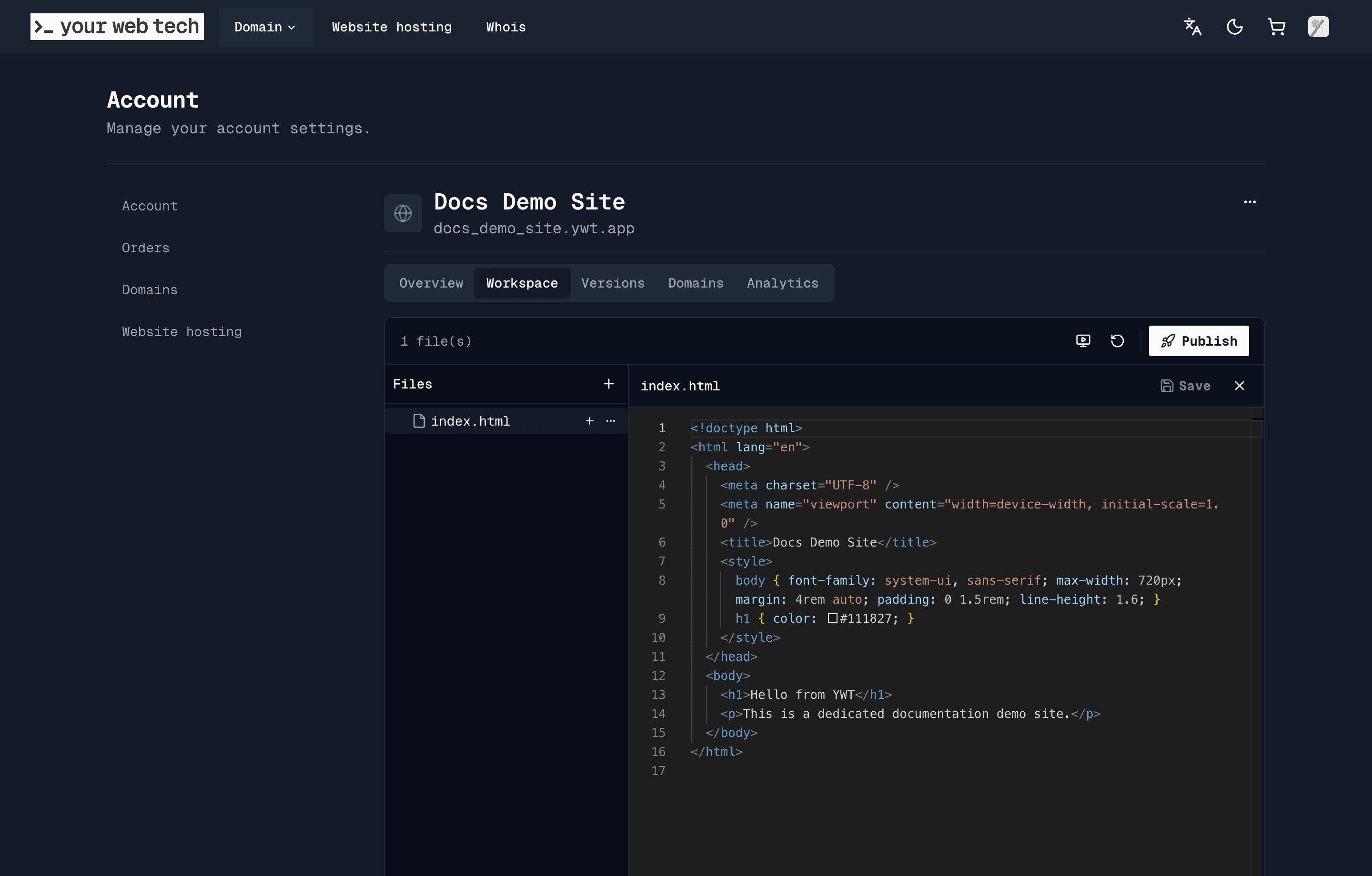 The YWT editor toolbar with Preview, Start over, and Publish actions visible
