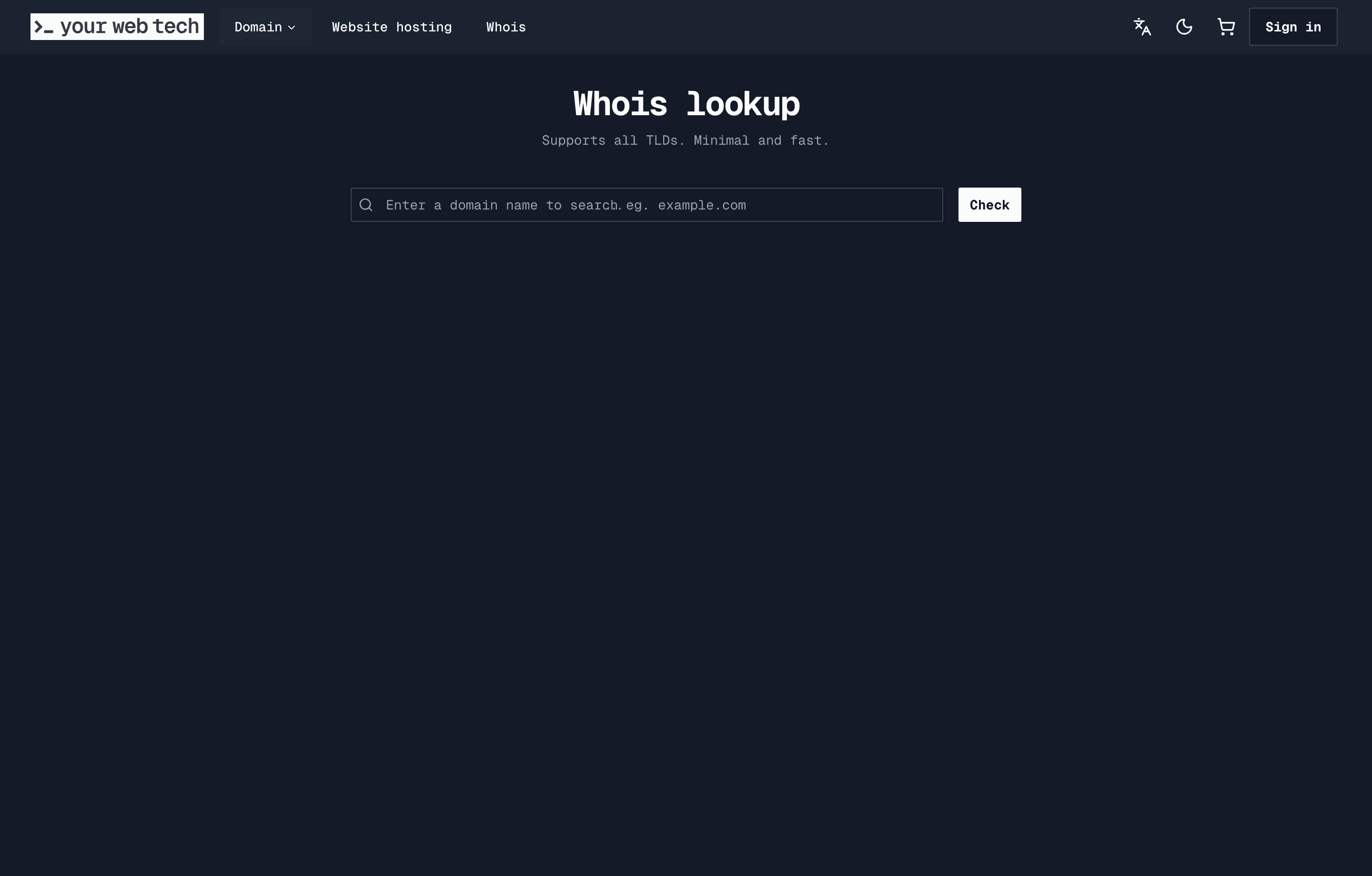 The YWT WHOIS lookup page with a domain search field
