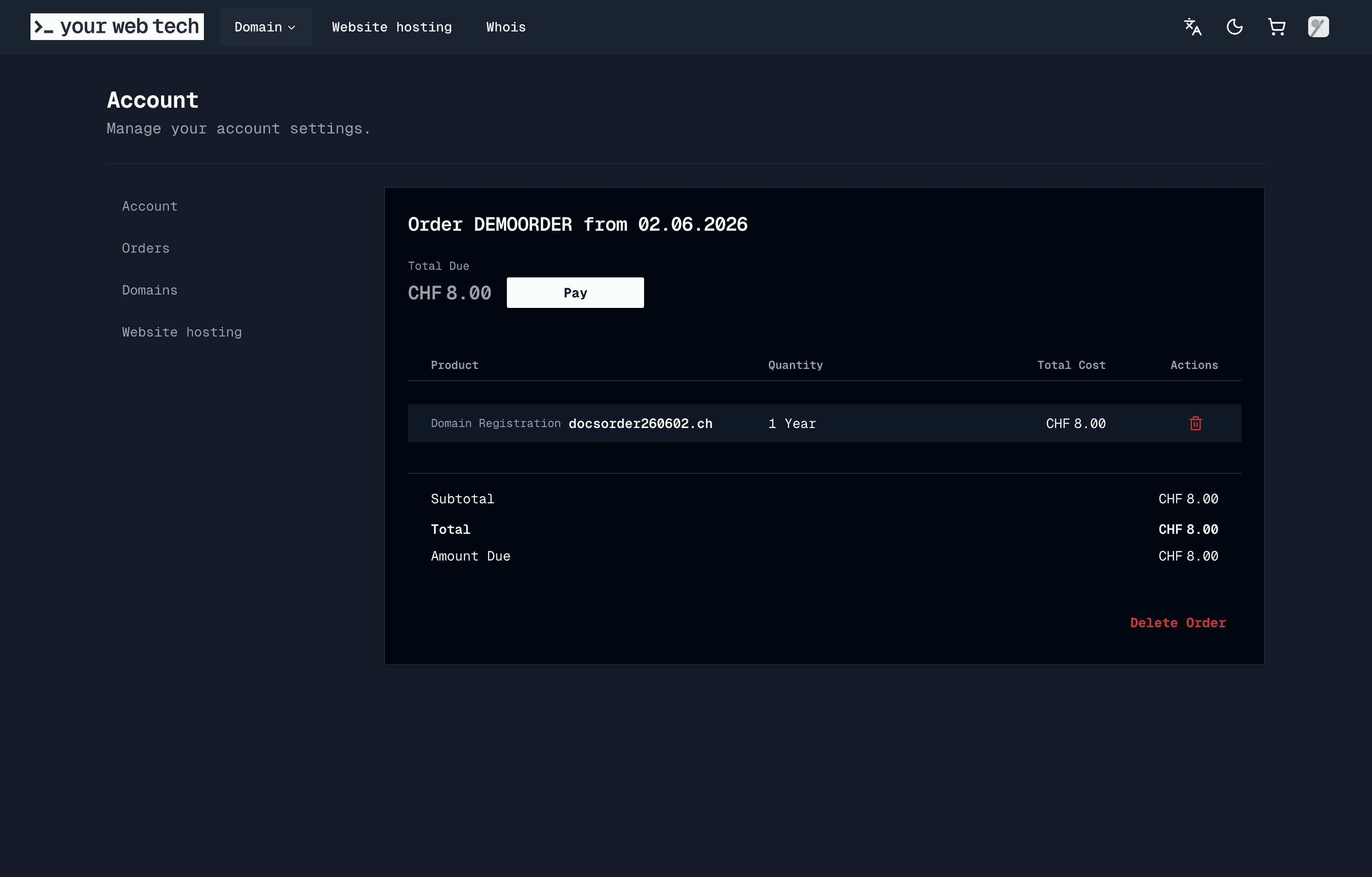 The order detail page showing a demo order total, line item, and payment action
