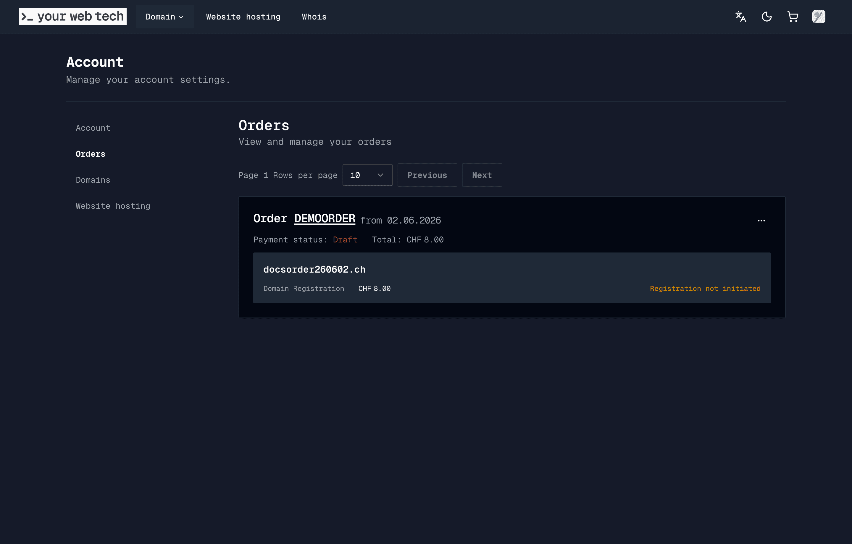The account Orders page showing a demo draft domain registration order