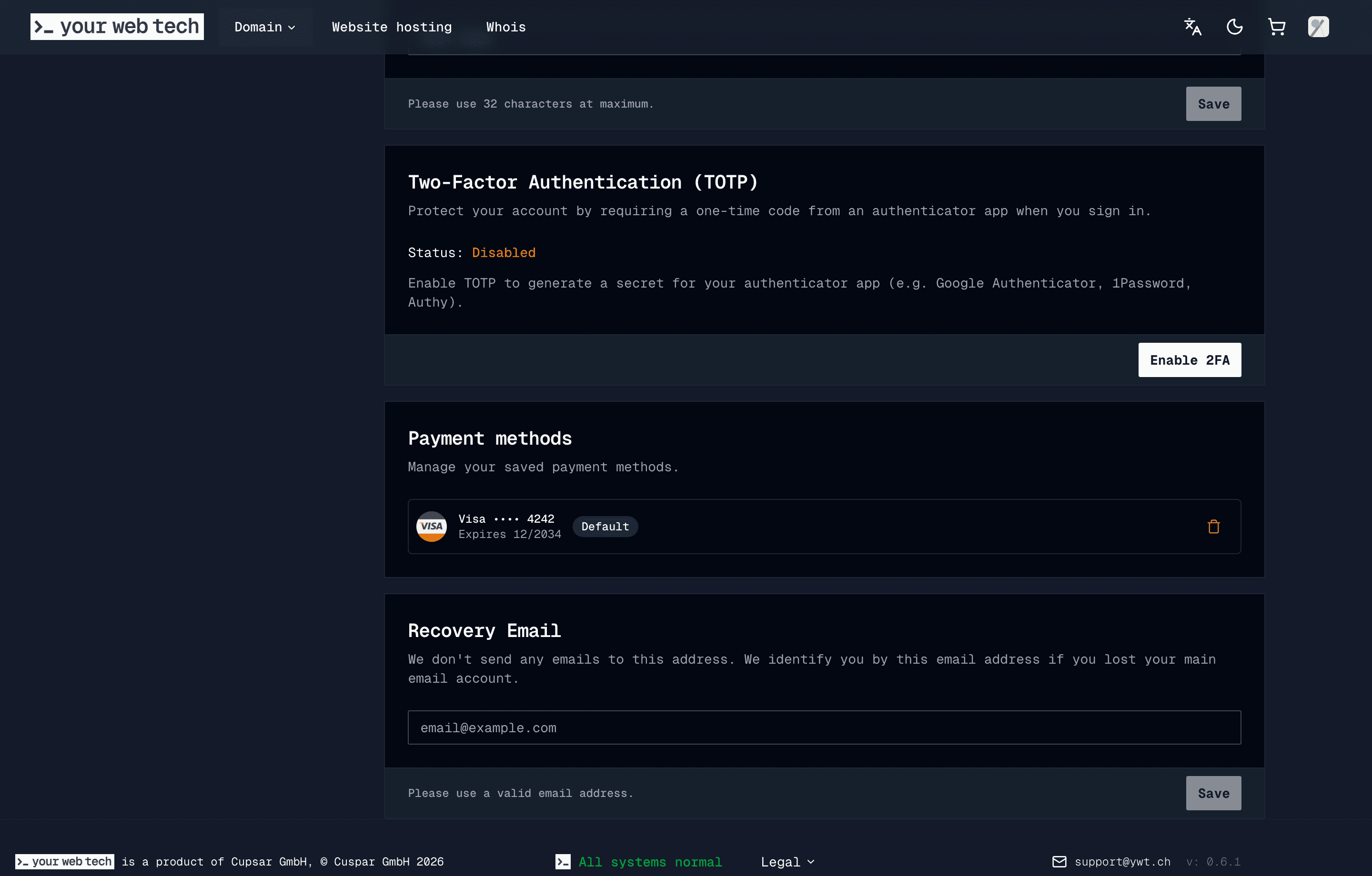 The account payment methods section showing a saved Stripe test card marked as the default payment method