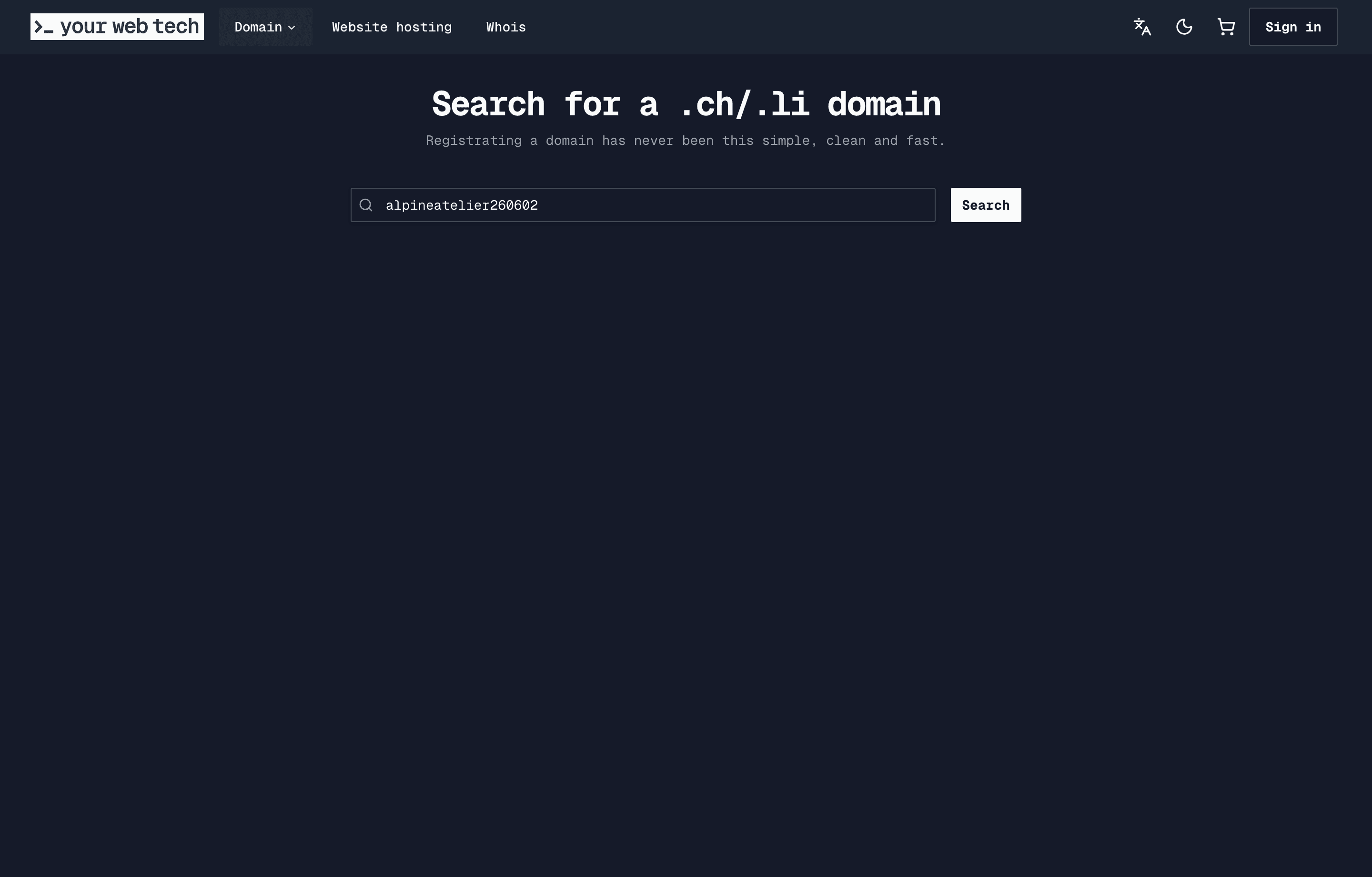 The YWT domain search page with a demo domain typed into the search field