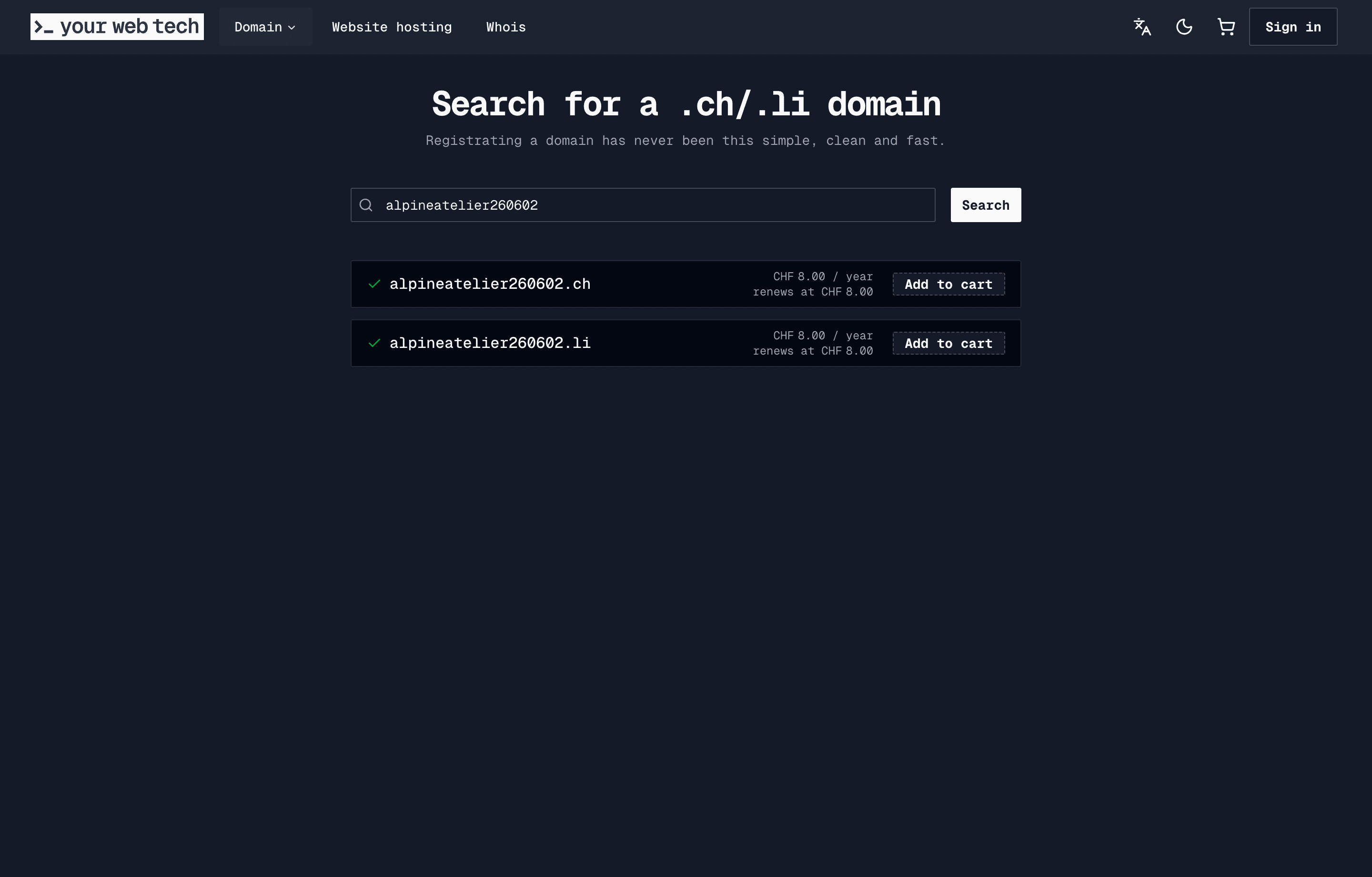 Domain search results showing availability and prices for a demo domain