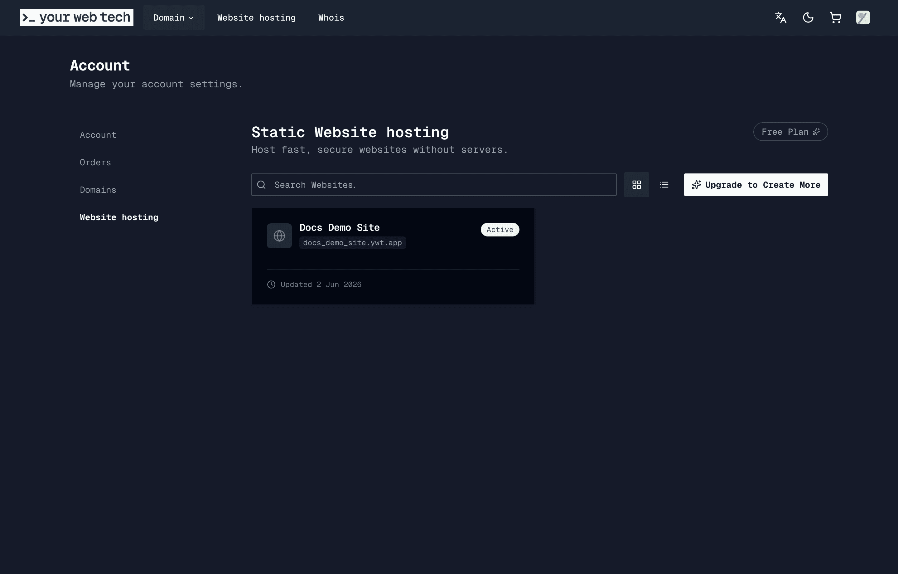 YWT Website hosting page showing a demo site in the sites list