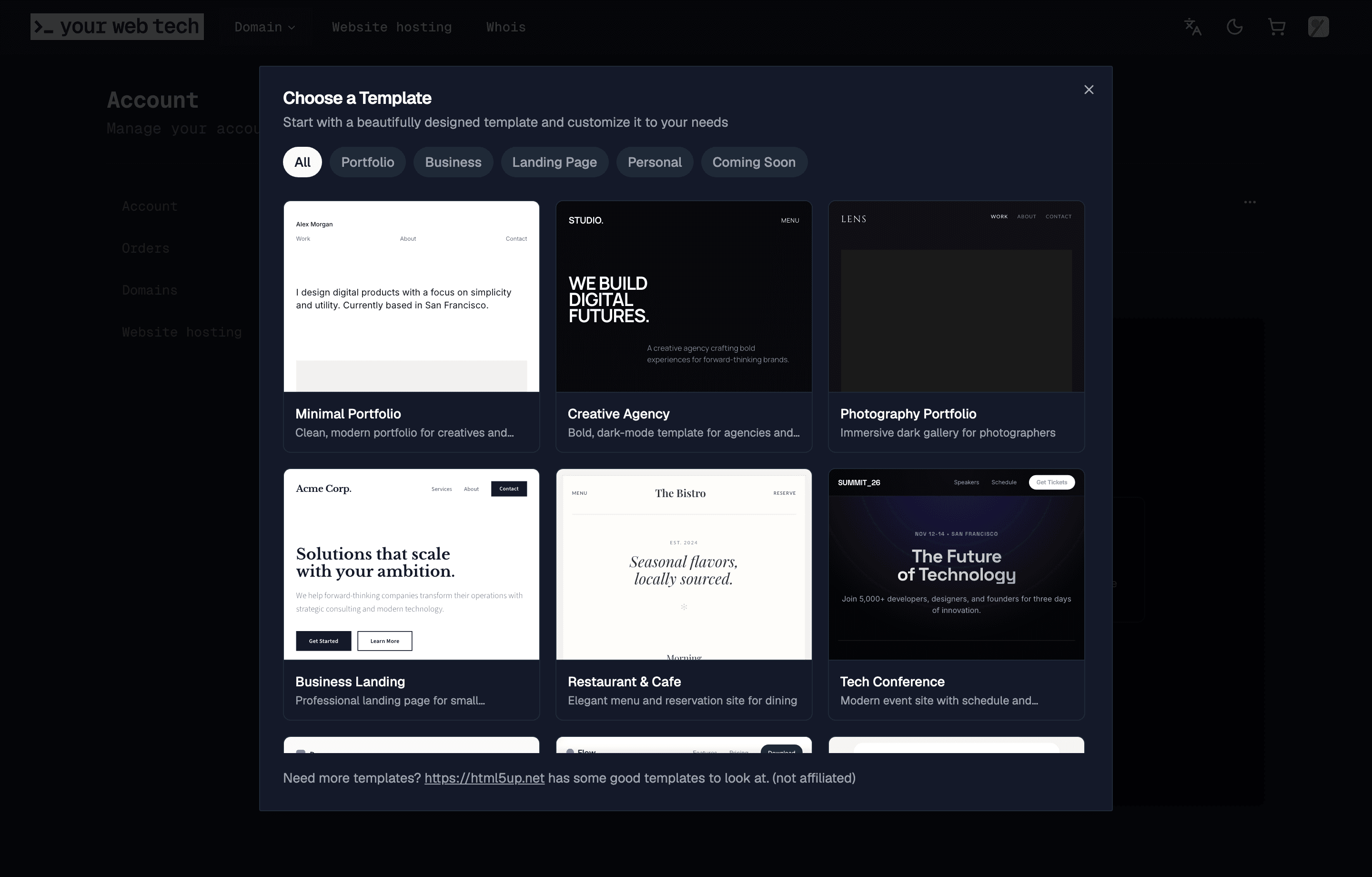 The YWT template picker showing starter templates such as Minimal Portfolio and Creative Agency
