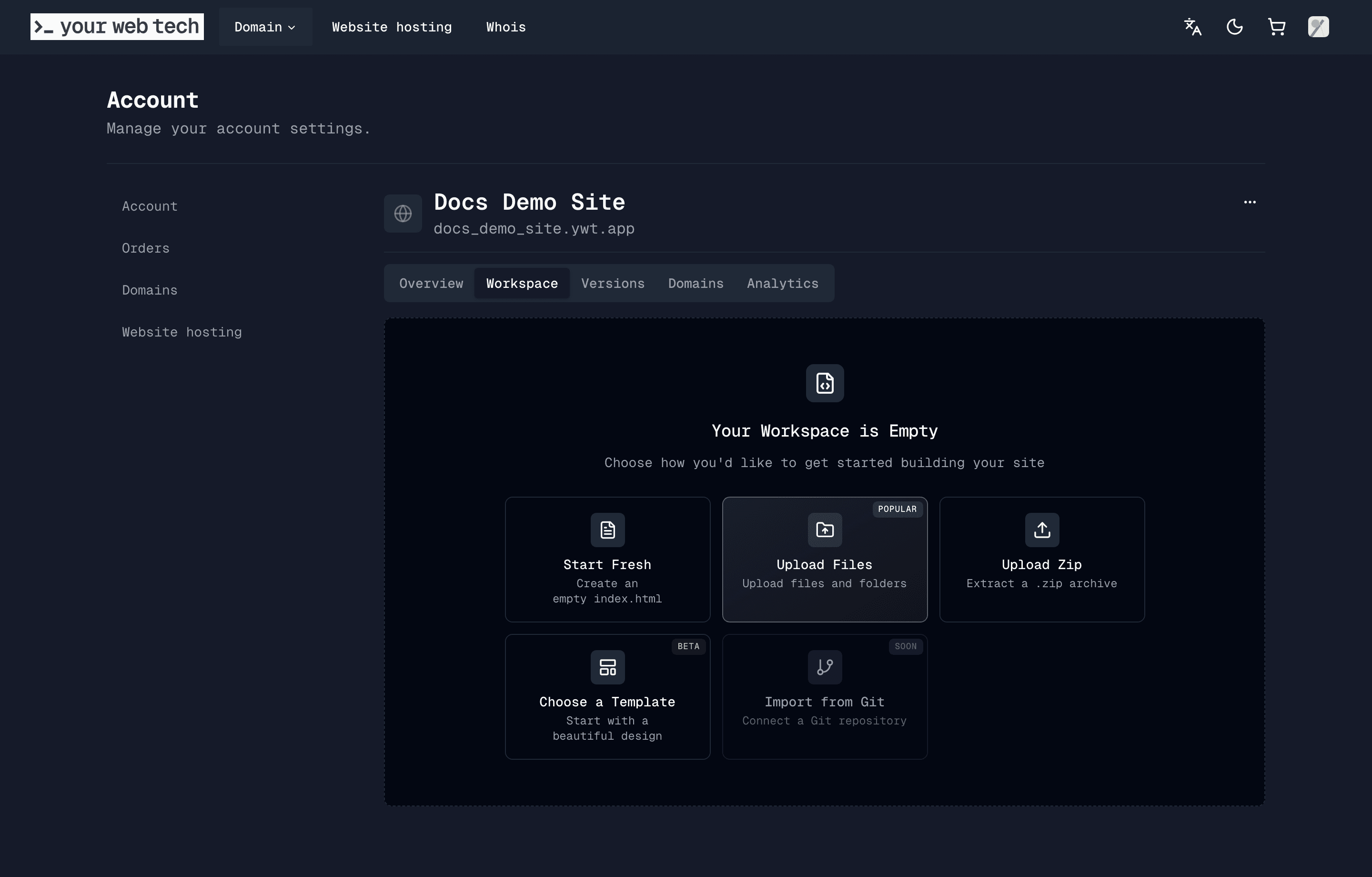 The empty hosting workspace showing start fresh, upload, template, and import options